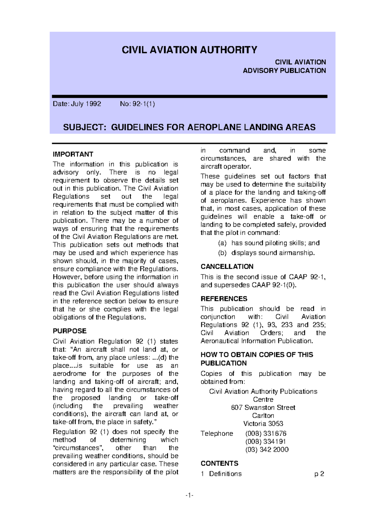 CIVIL AVIATION AUTHORITY CAAP 92.1: Guidelines for Aeroplane Landing ...