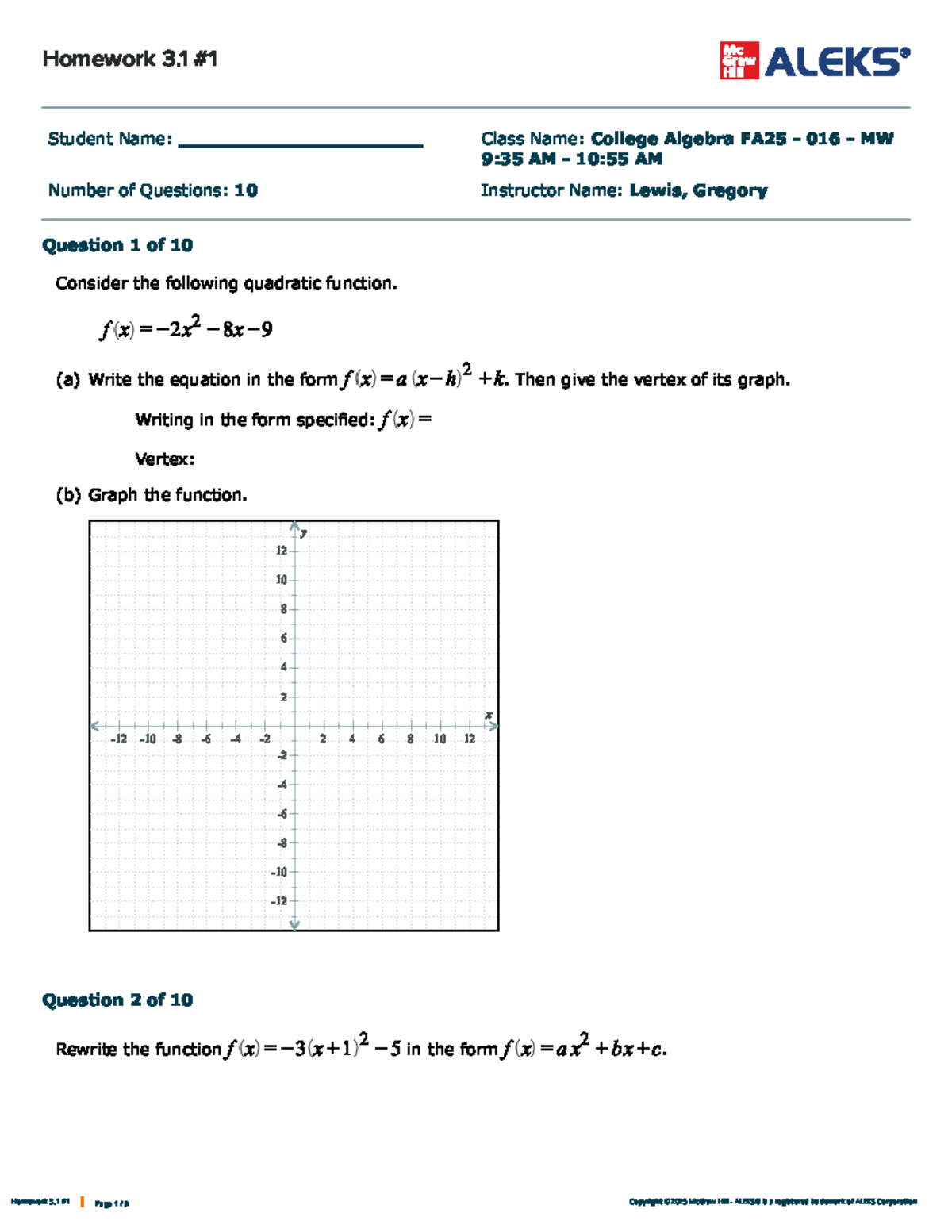 Homework 3.1 - College Algebra FA25 - 016 - MW - Quadratic Functions ...
