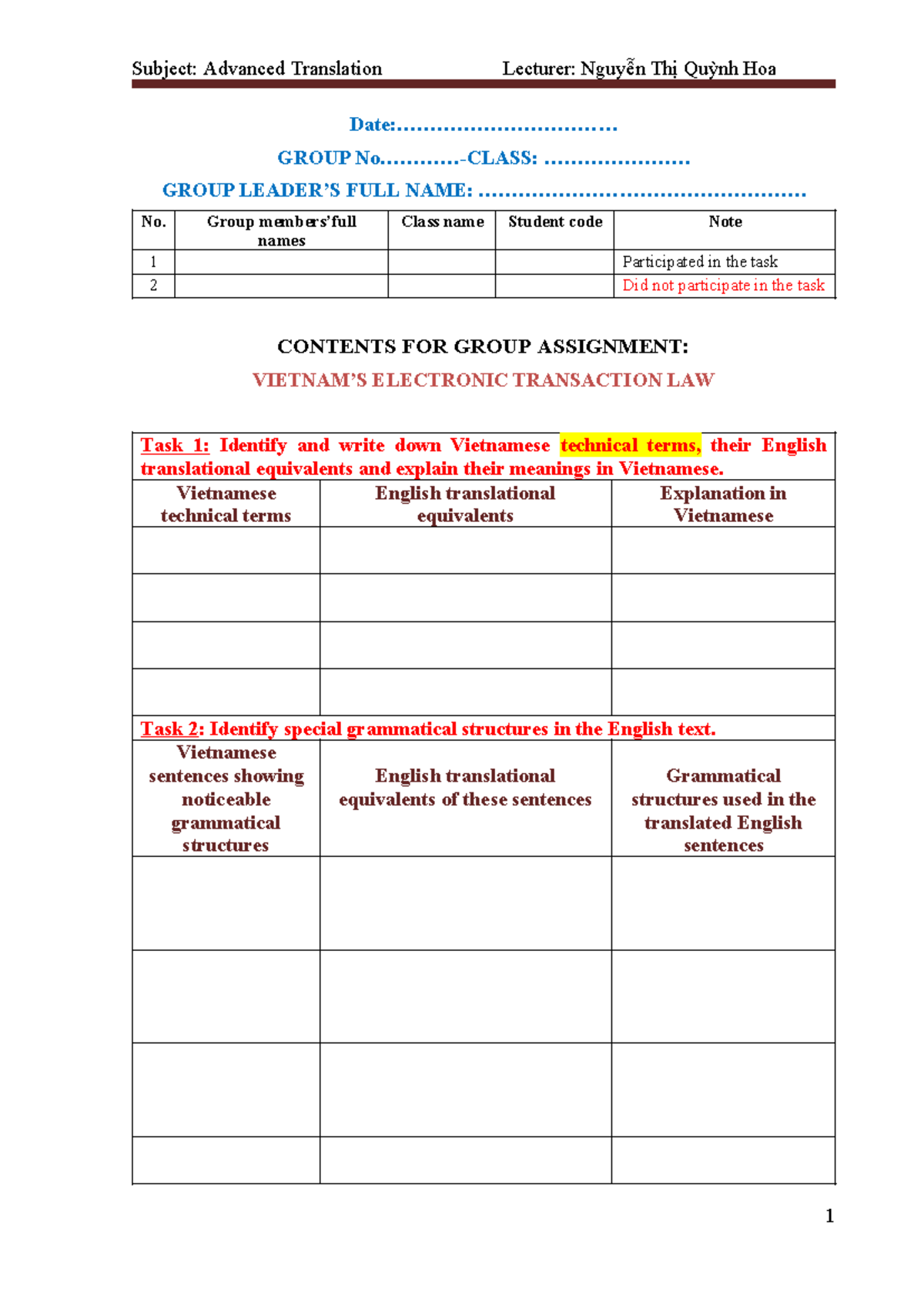 E-Transaction Law Assignment Template for Advanced Translation - Studocu