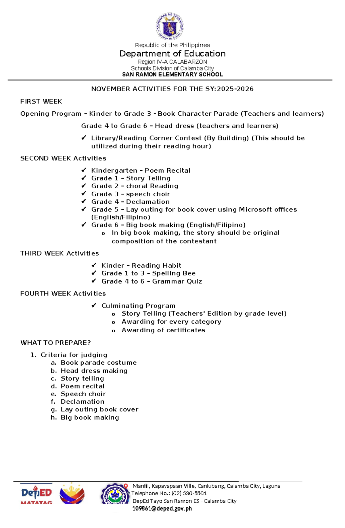 Reading Month Activities Plan for San Ramon ES (DepEd CALABARZON) - Studocu