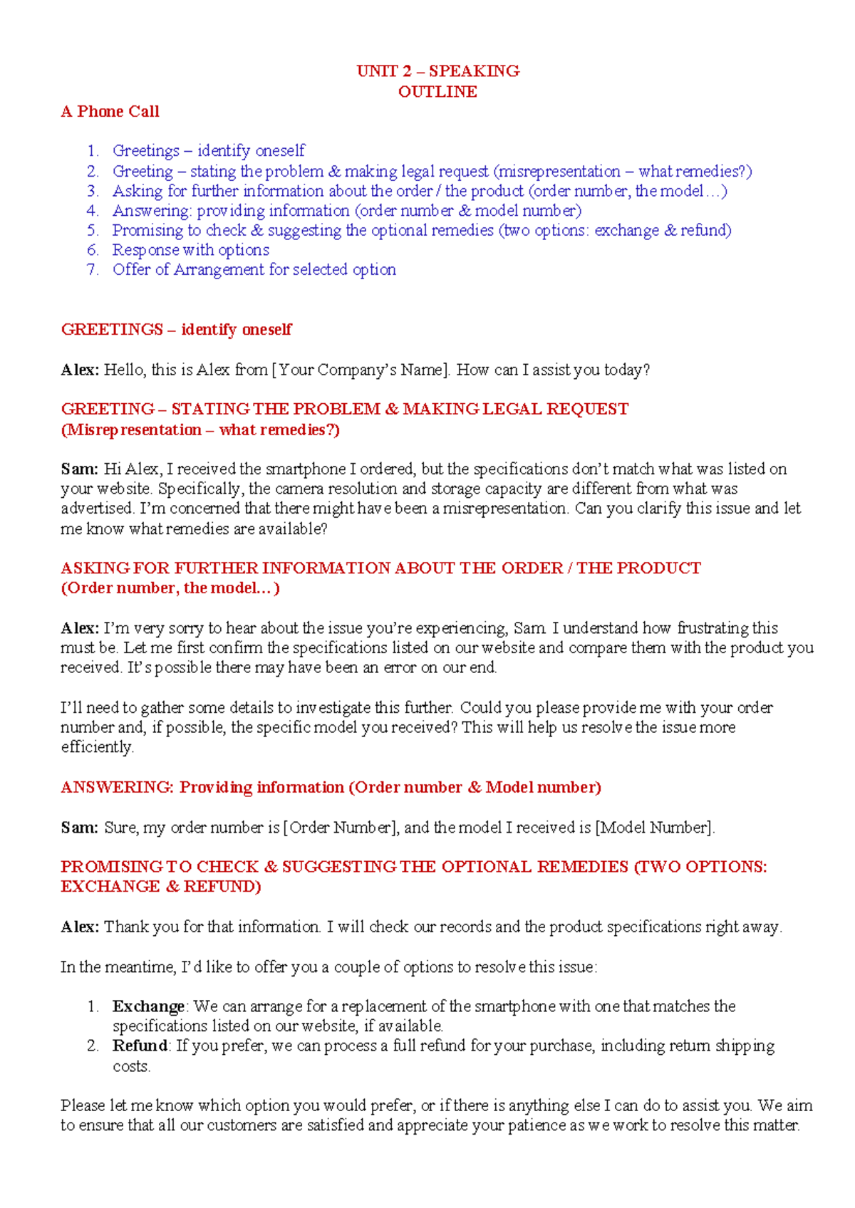 UNIT 2 - Speaking Practice: Handling Customer Complaints - Studocu