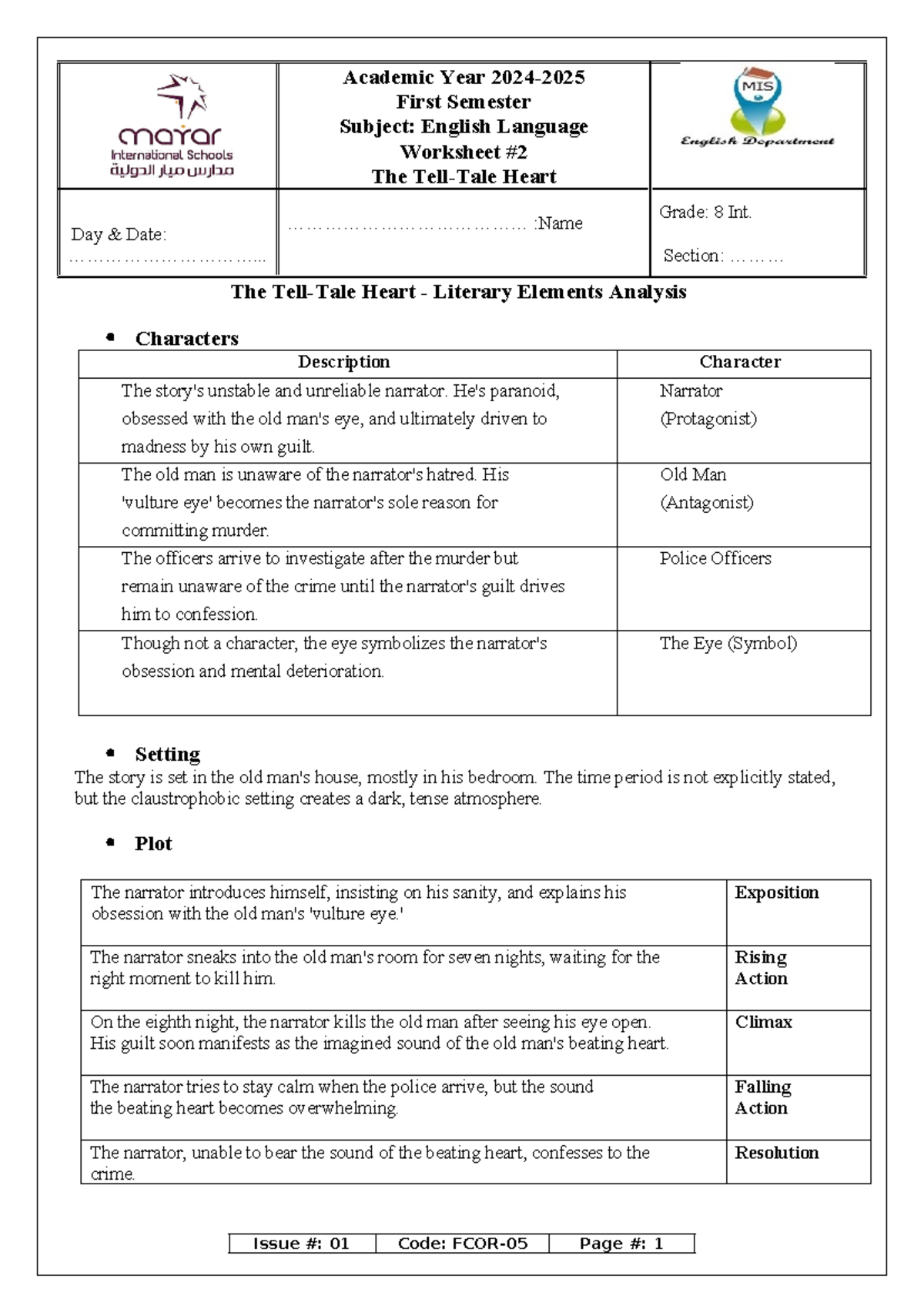 ENG 8I: The Tell-Tale Heart Literary Elements Analysis Sheet - Studocu