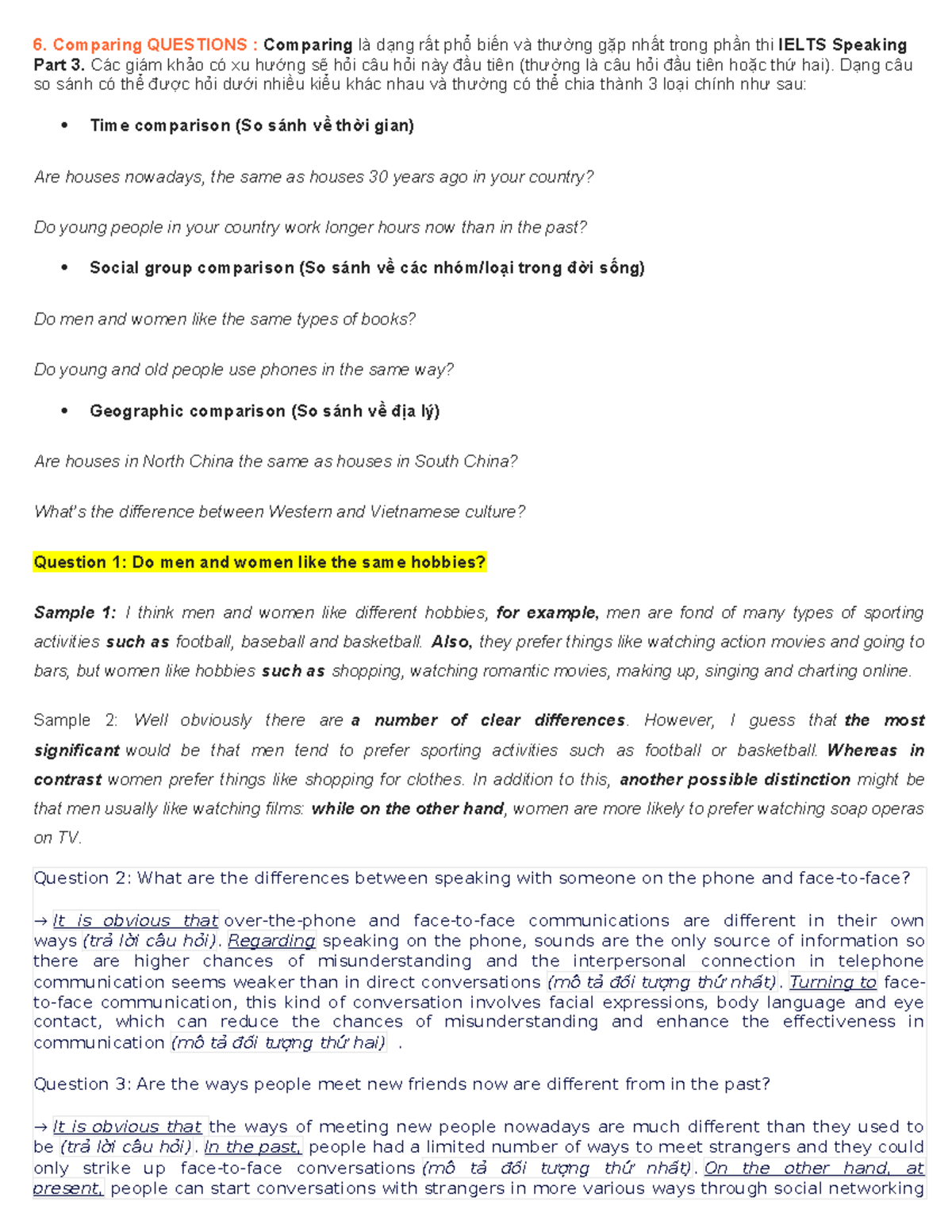 IELTS Speaking Part 3: Comparing Questions and Responses Guide - Studocu
