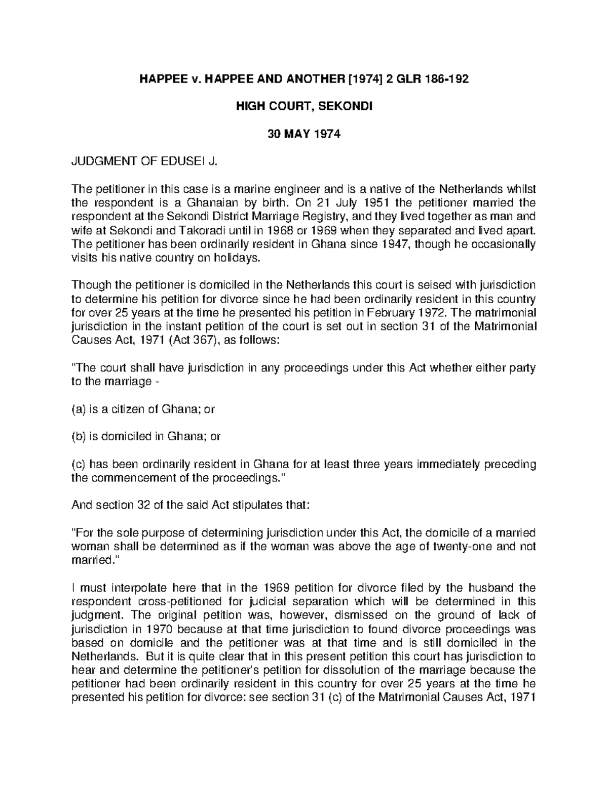 Happee v Happee [1974] - High Court Judgment Analysis - Studocu