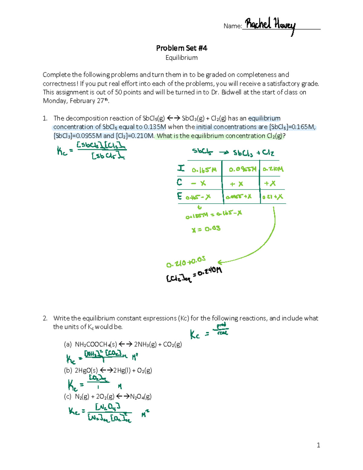 Equilibrium Problem Set #4 for Chemistry 101: Understanding Kc & Kp ...