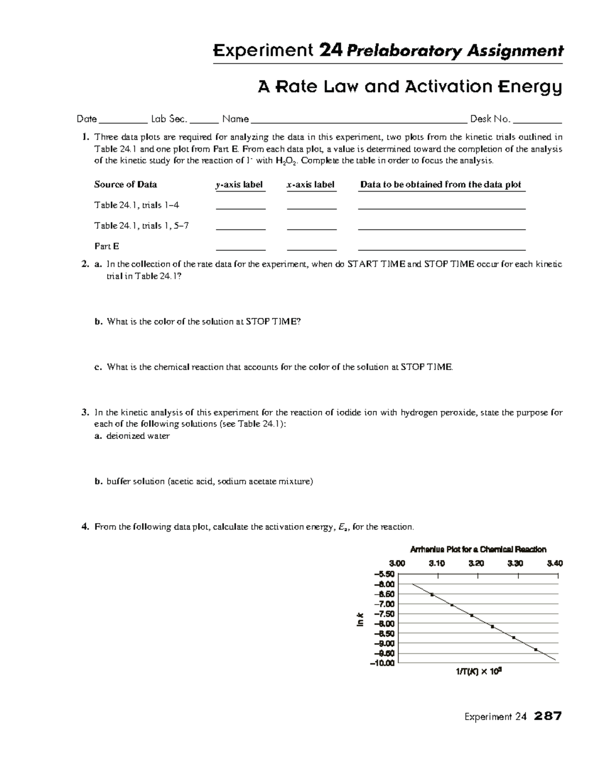 Experiment 24 Prelab: Rate Law & Activation Energy Analysis - Studocu