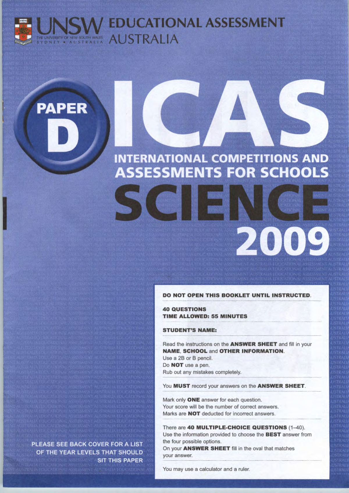 2009 ICAS Science Paper D - Free PDF Access and Overview - Studocu