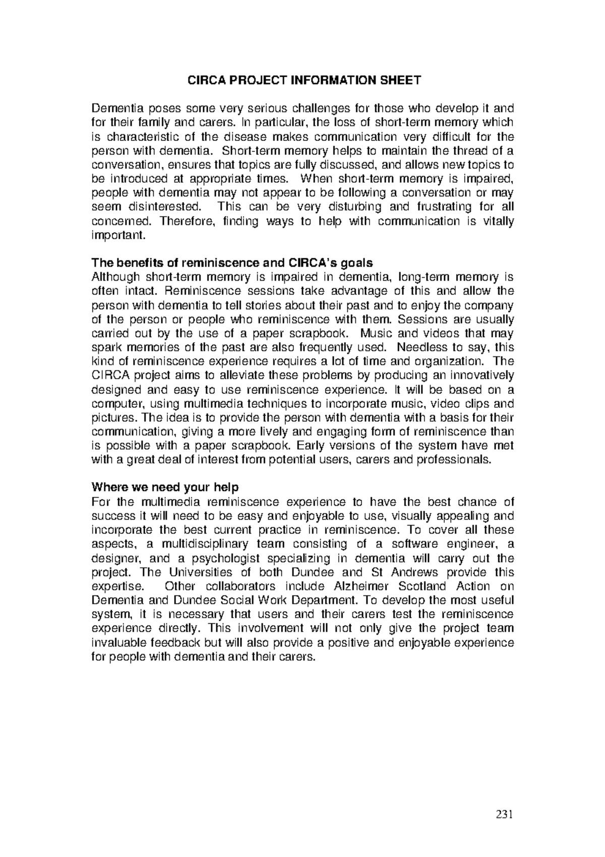 Venture LOAN 11 - 231 CIRCA PROJECT INFORMATION SHEET Dementia poses ...
