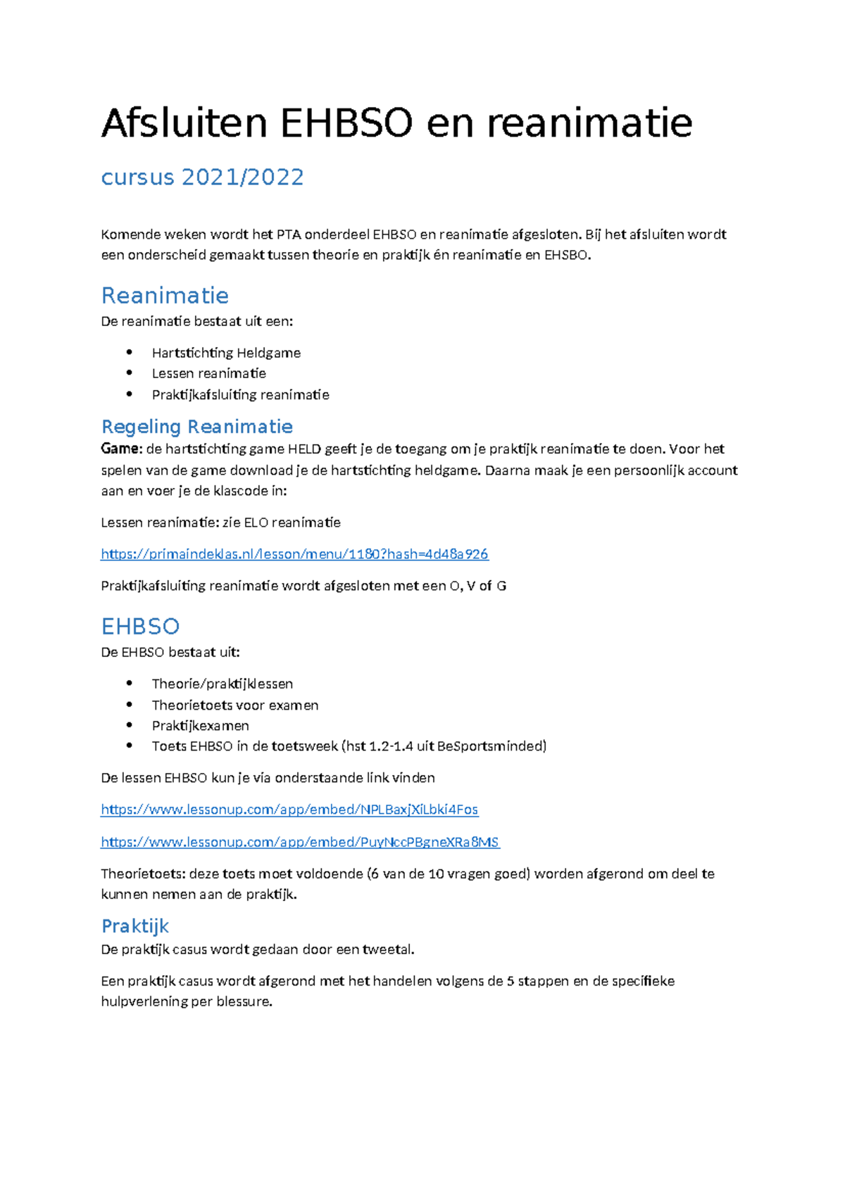 Inhoud Lessenreeks Reanimatie en EHBSO - Cursus 2021 - Studeersnel