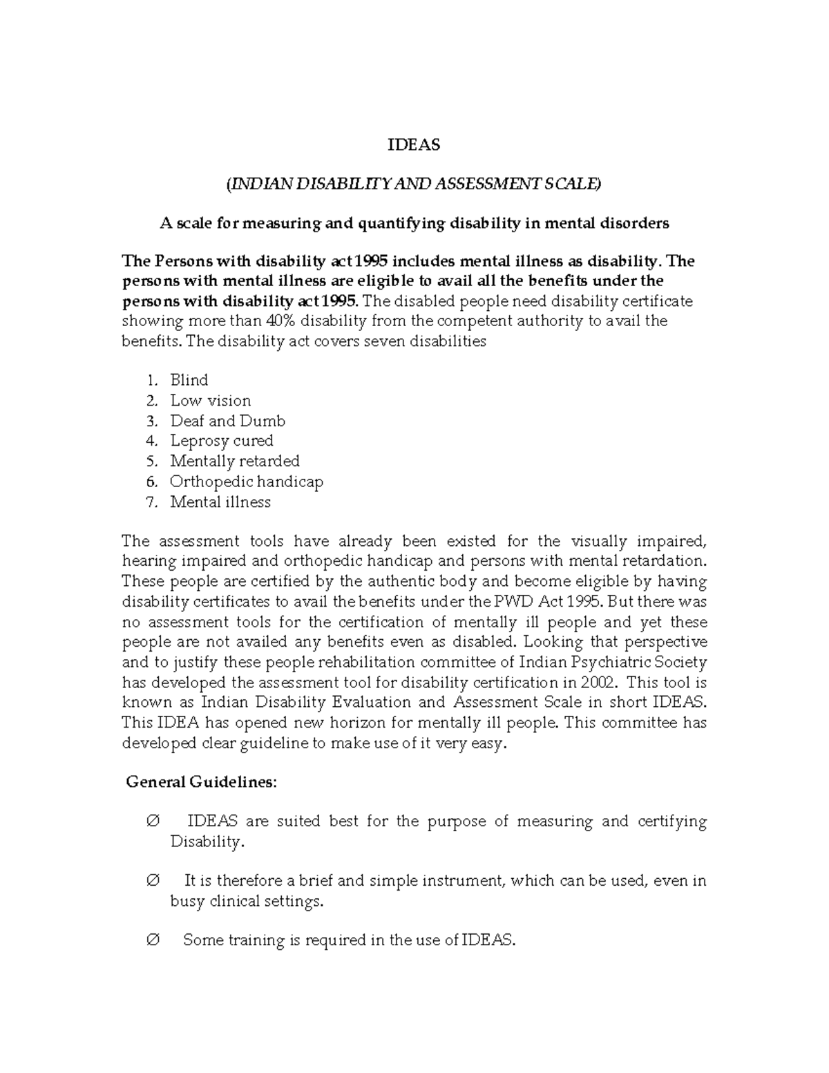 Indian Disability Evaluation and Assessment Scale (IDEAS) Overview ...