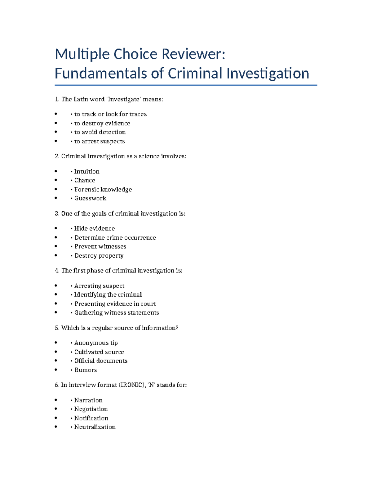Exam Reviewer: Fundamentals of Criminal Investigation (CIV 101) - Studocu