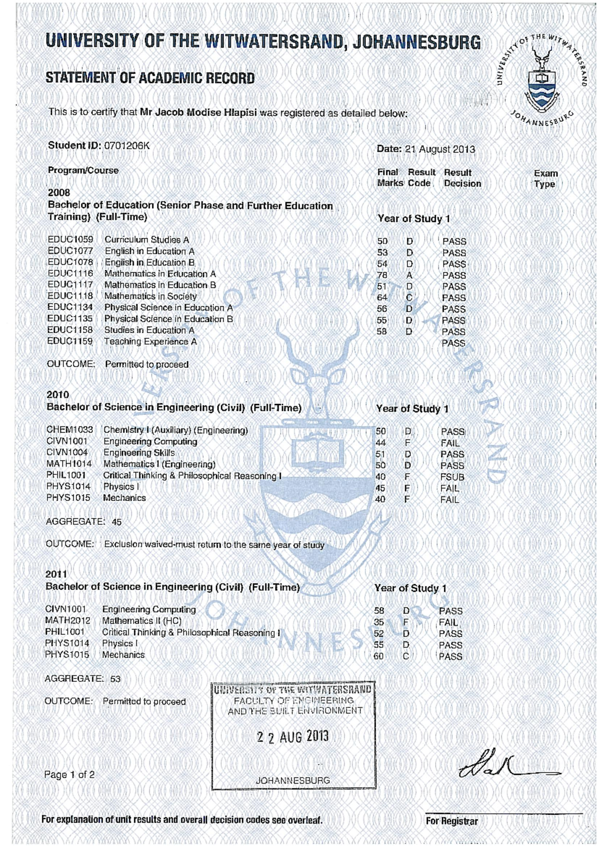 Wits Academic Record: BSc Civil Engineering Overview - Studocu
