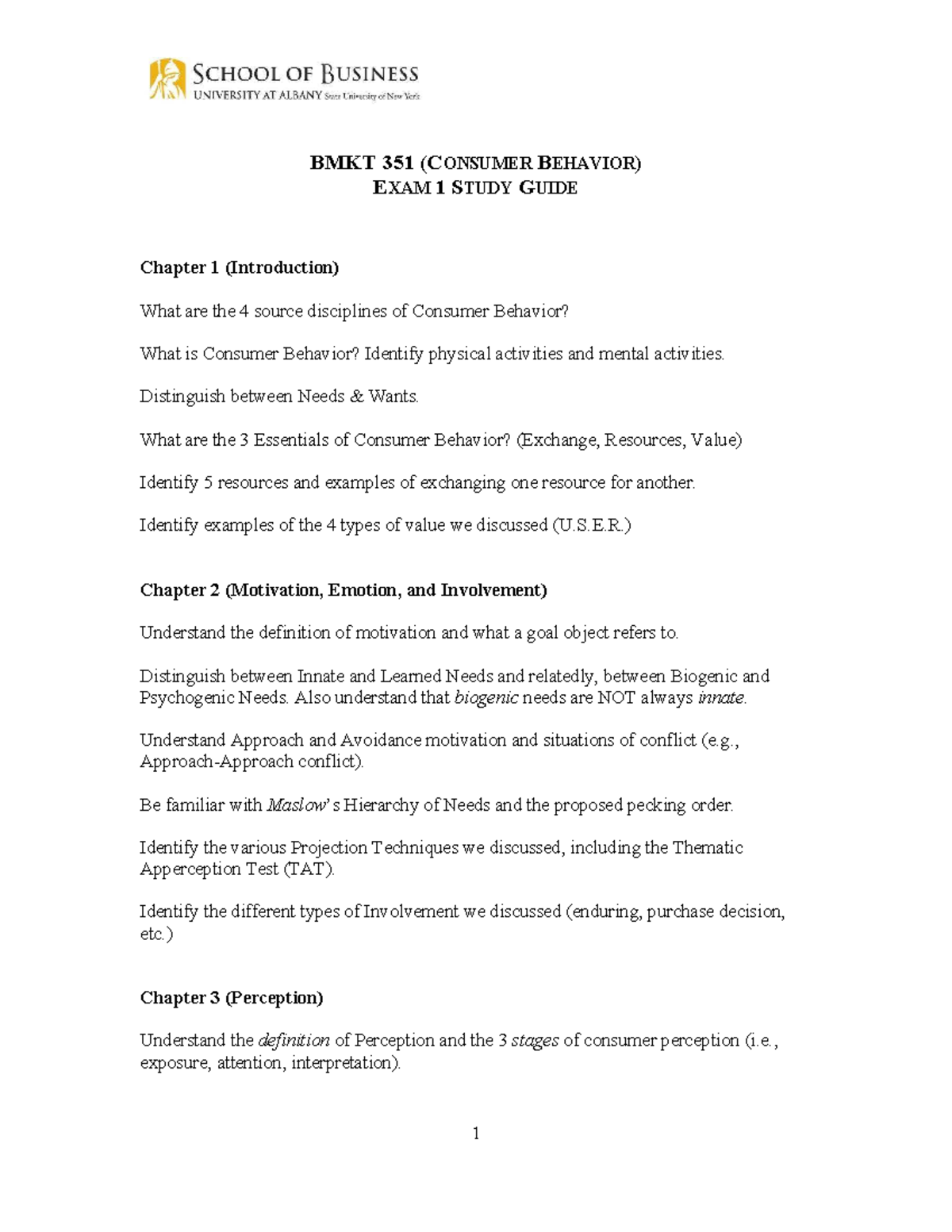 BMKT 351 Consumer Behavior Exam 1 Study Guide (Chapters 1-5) - Studocu