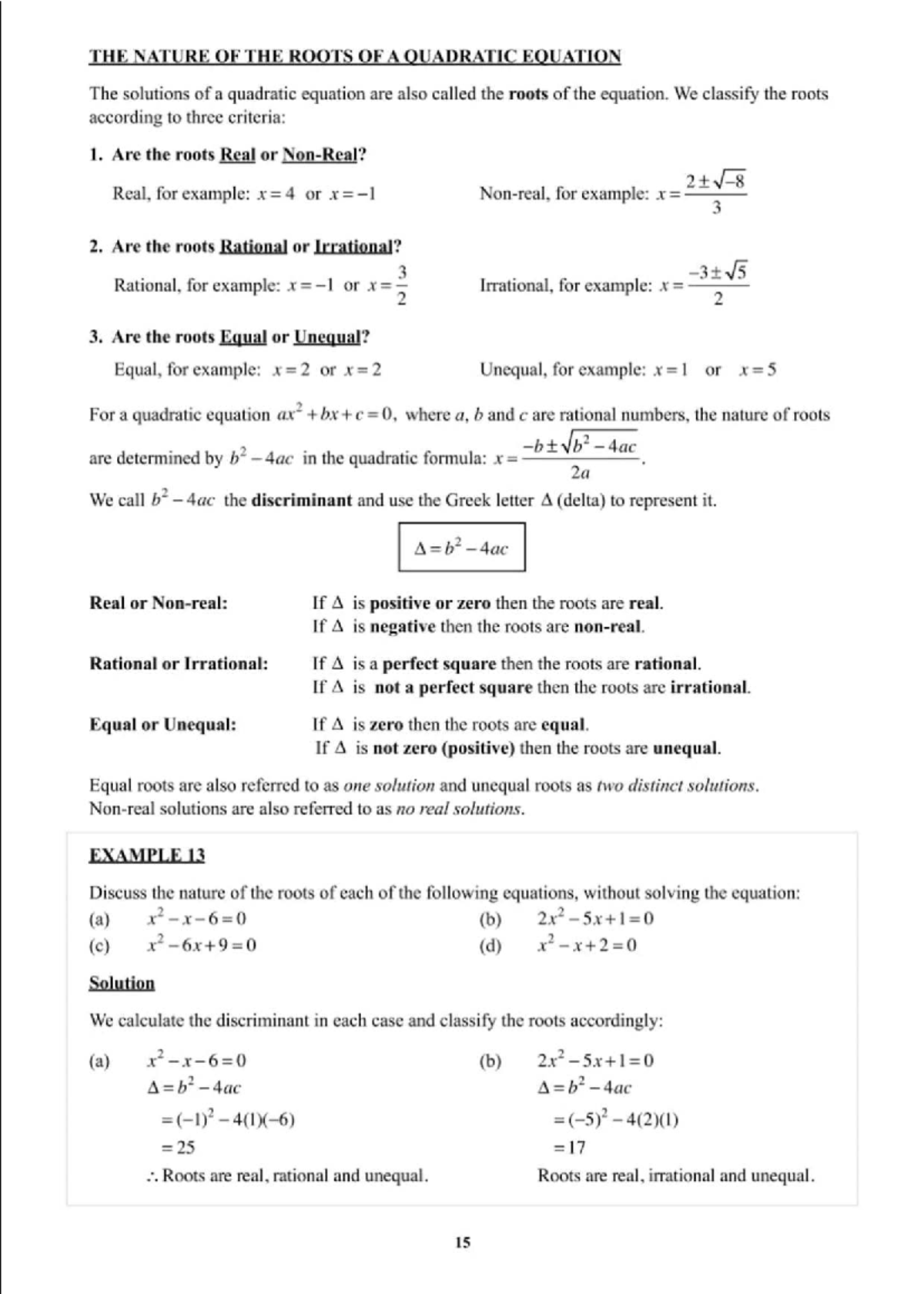 Nature of Roots of Quadratic Equations: Term 1 Study Guide - Studocu