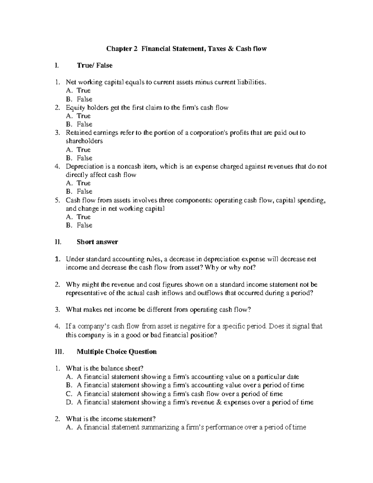 Chapter 2 Financial Statement, Taxes Cash flow Student version ...