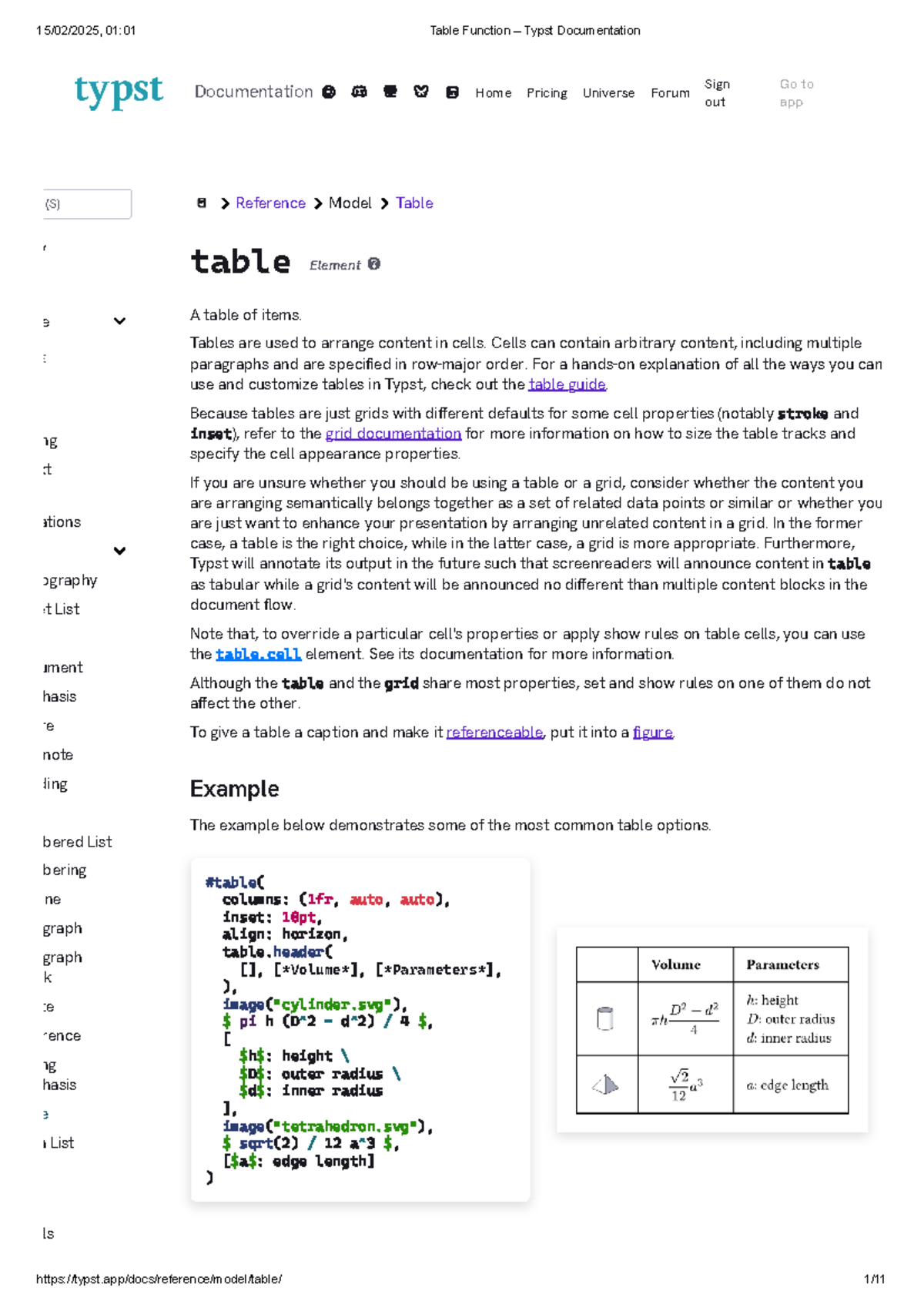 Table Function – Typst Documentation - Reference Model Table table A ...