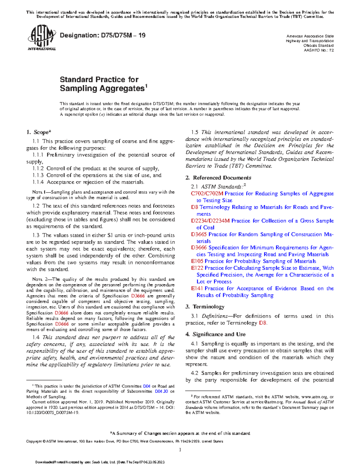 ASTM D 75-19: Standard Practice for Sampling Aggregates - Studocu