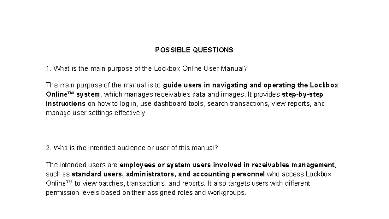 Q&A on Lockbox Online User Manual Evaluation - Studocu