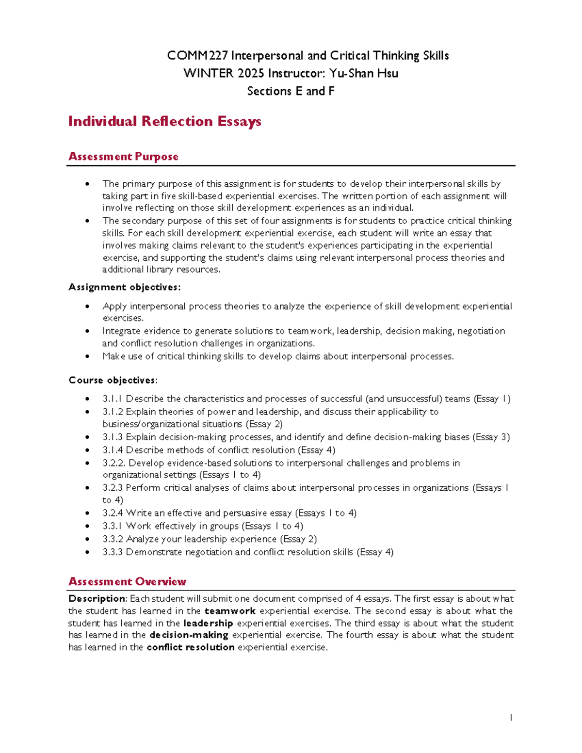 COMM 227 Winter 2025 Individual Reflection Essay Guidelines - Studocu