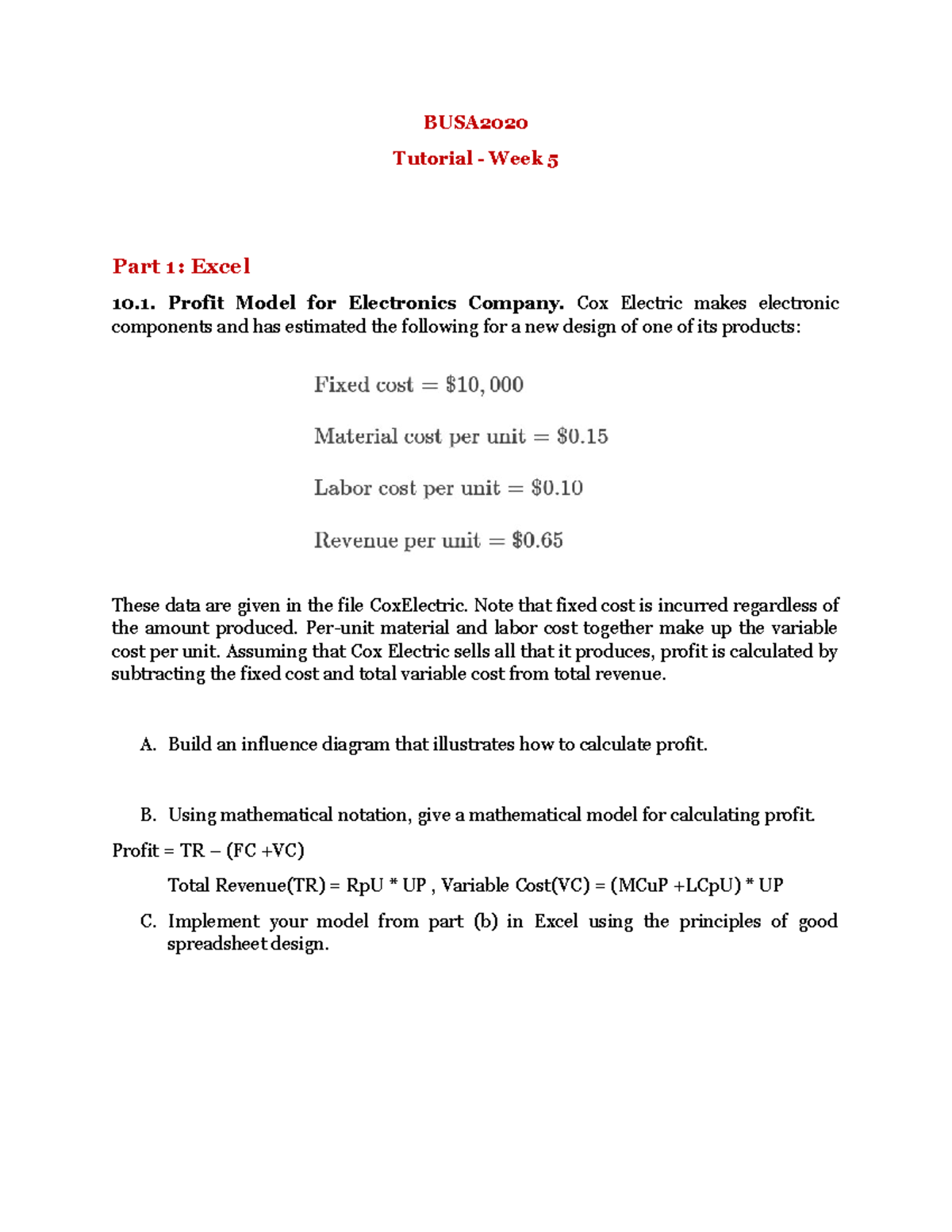 BUSA Week 5 Tutorial Solutions: Profit Models in Excel & Python - Studocu