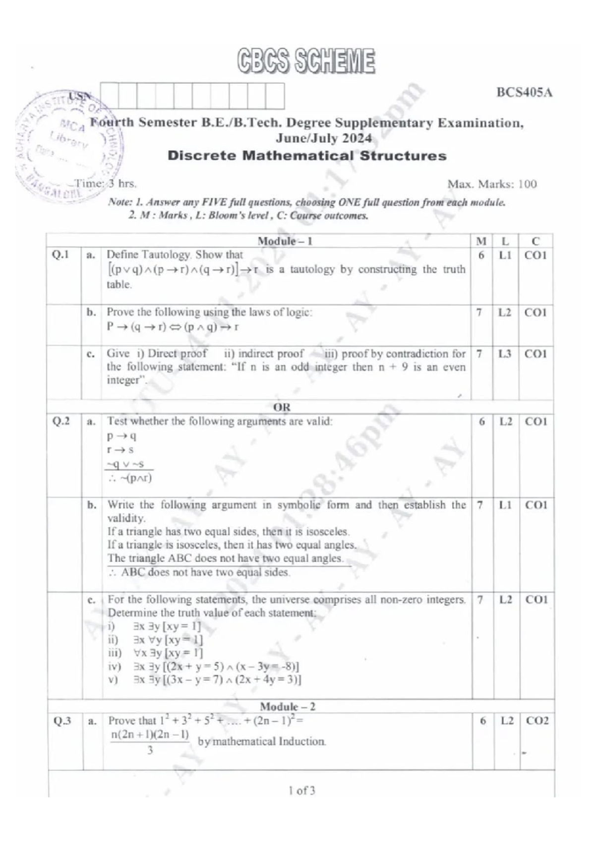 Model Question Paper Set 2 for BCS405A - Discrete Mathematical ...