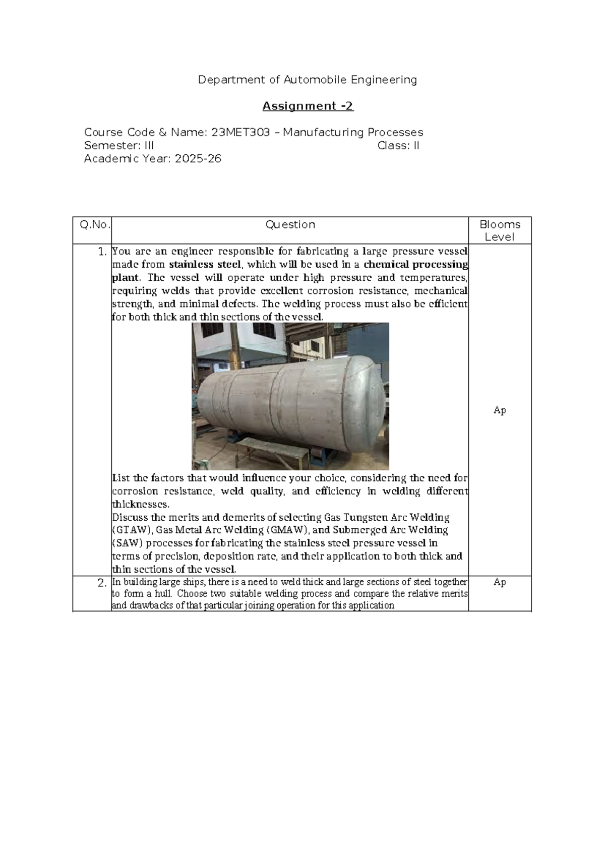 23MET303 Assignment: Manufacturing Processes in Automobile Engineering ...