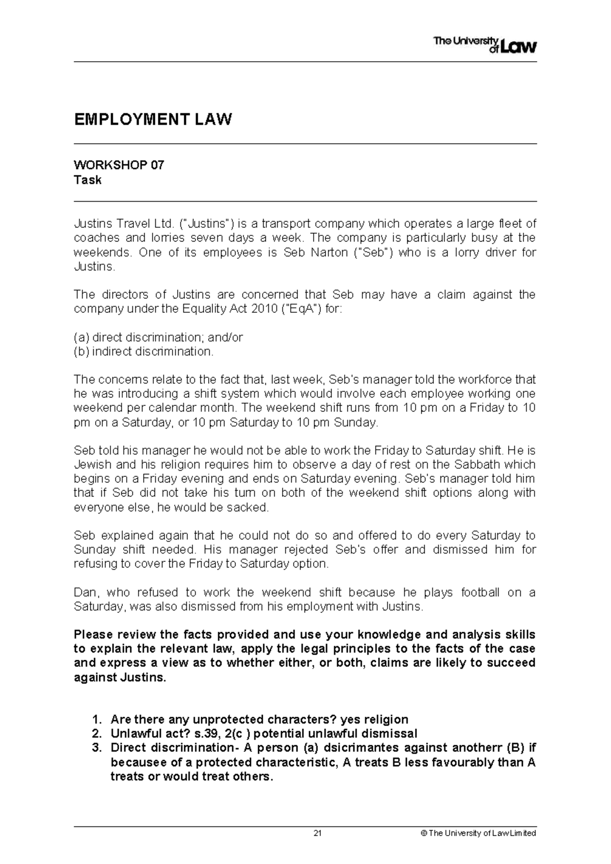 EMPLOYMENT LAW WORKSHOP 07: Indirect Discrimination Case Analysis - Studocu