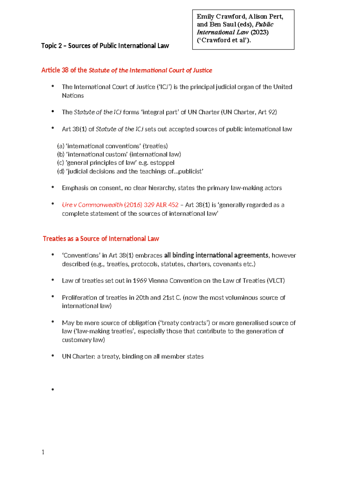 LAWS1023 Lecture Notes: Sources of Public International Law - Studocu