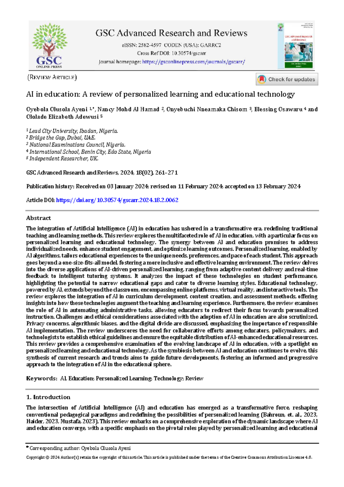 Gscarr-2024-0062 - Ieee reference paper - Corresponding author: Oyebola ...