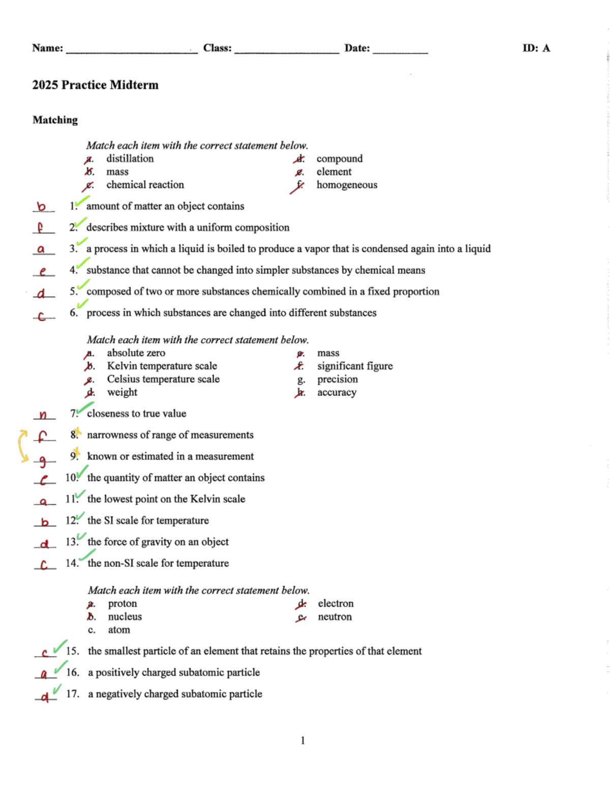 [2025] Chemistry Midterm Practice Exam Matching & MCQ - Studocu