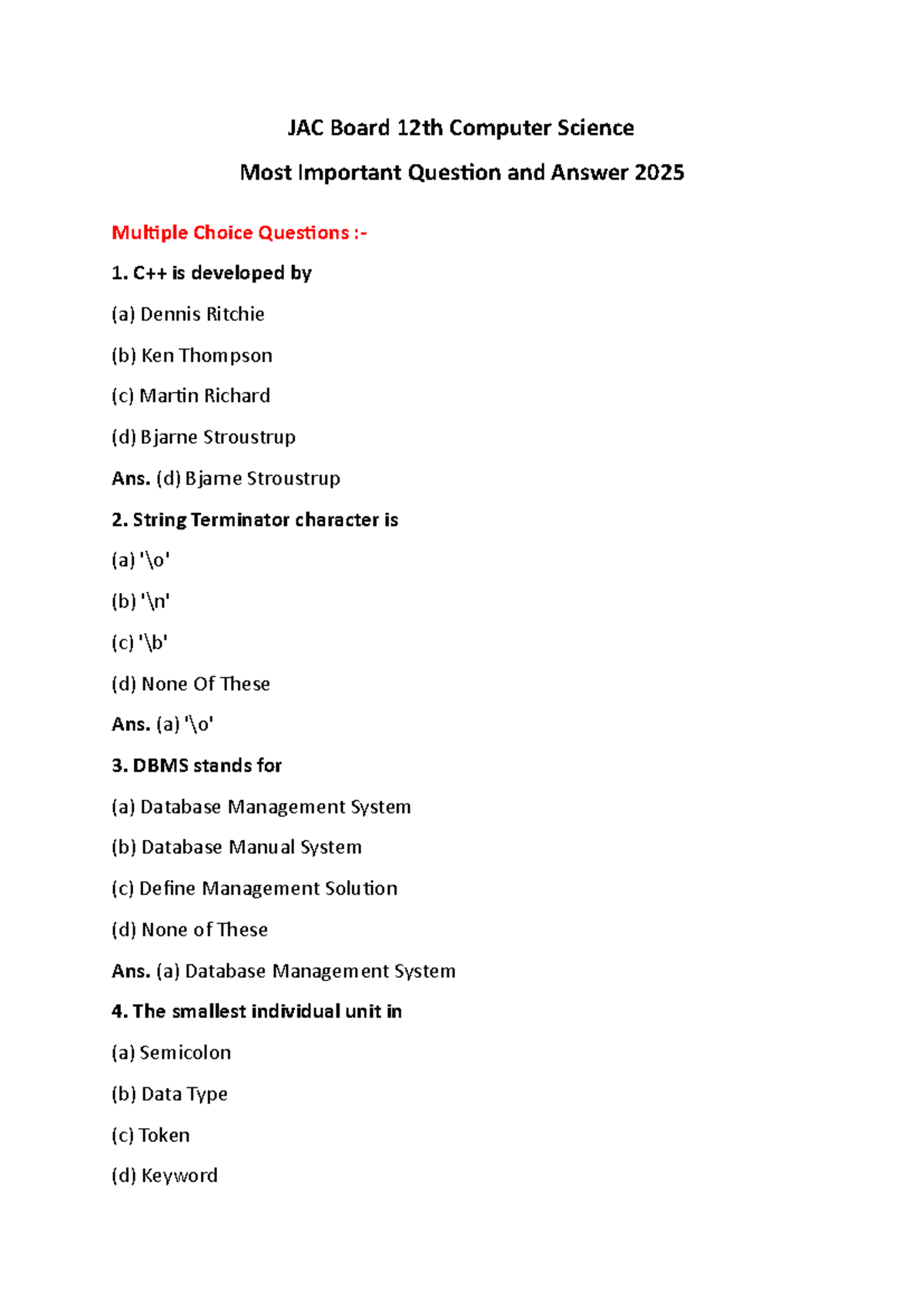 JAC Board 12th Computer Science MCQs & Key Concepts for 2025 - Studocu
