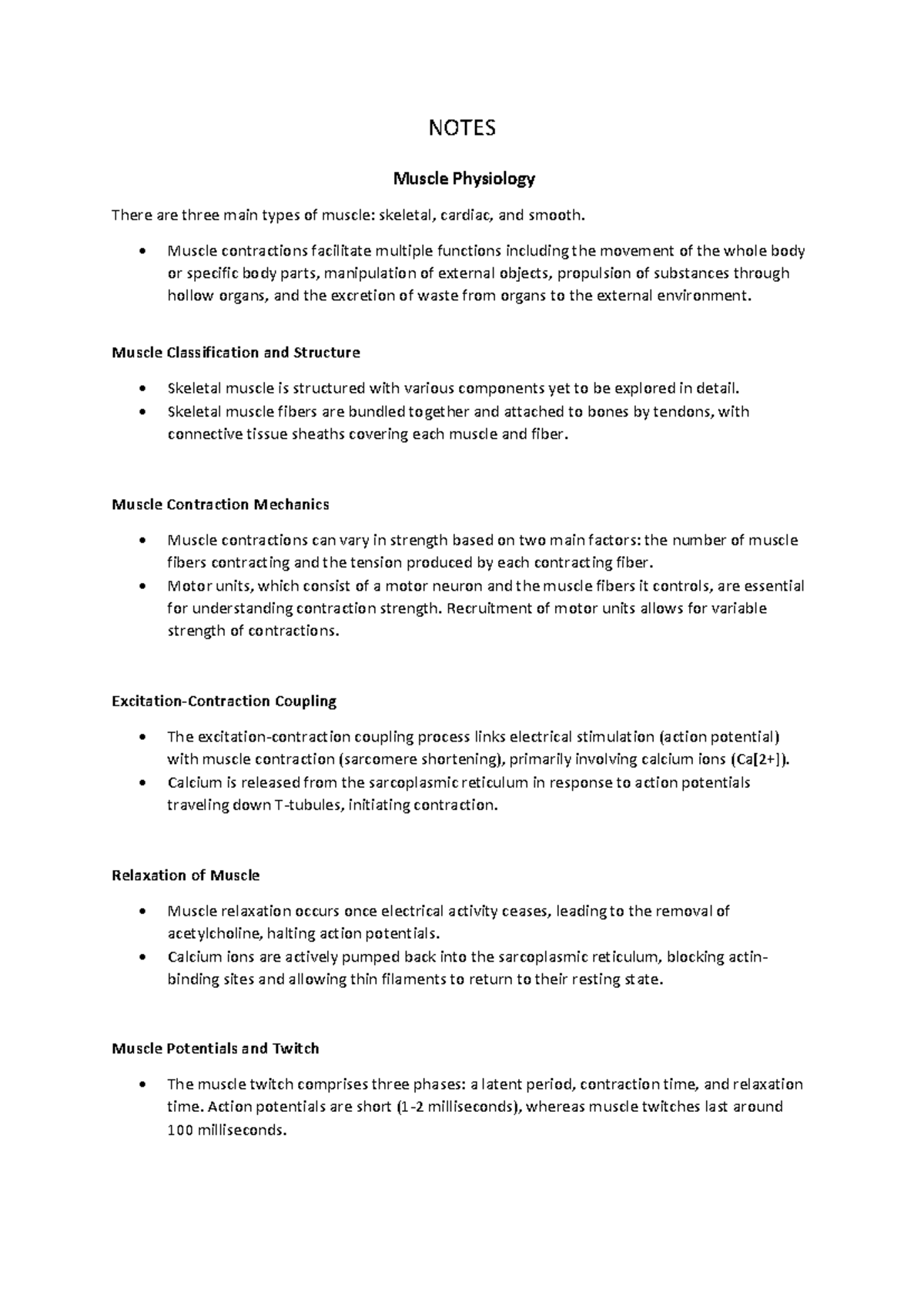 Muscle physiology notes for course code BIO 101 - Studocu