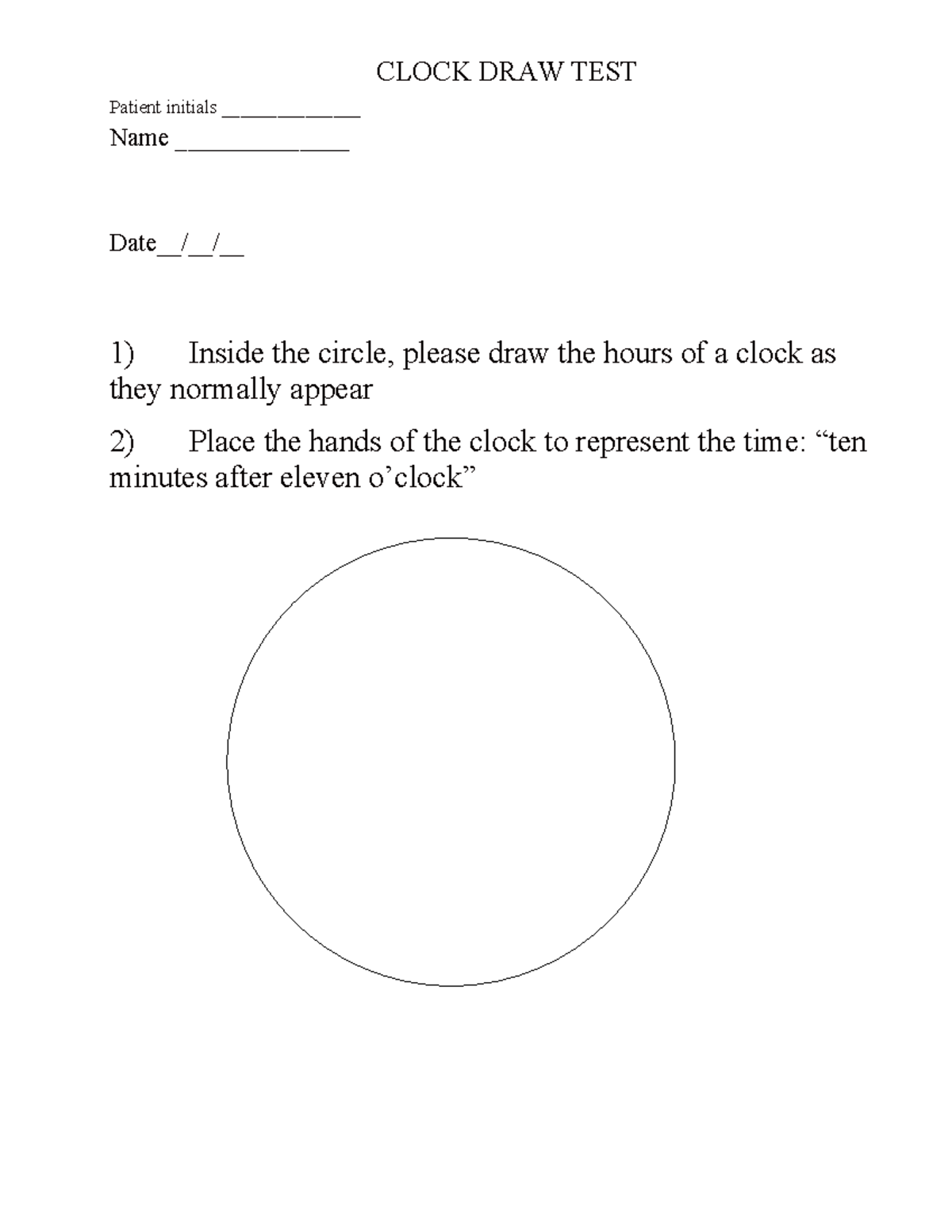 Clock drawing Example - N1A - CLOCK DRAW TEST Patient initials ...
