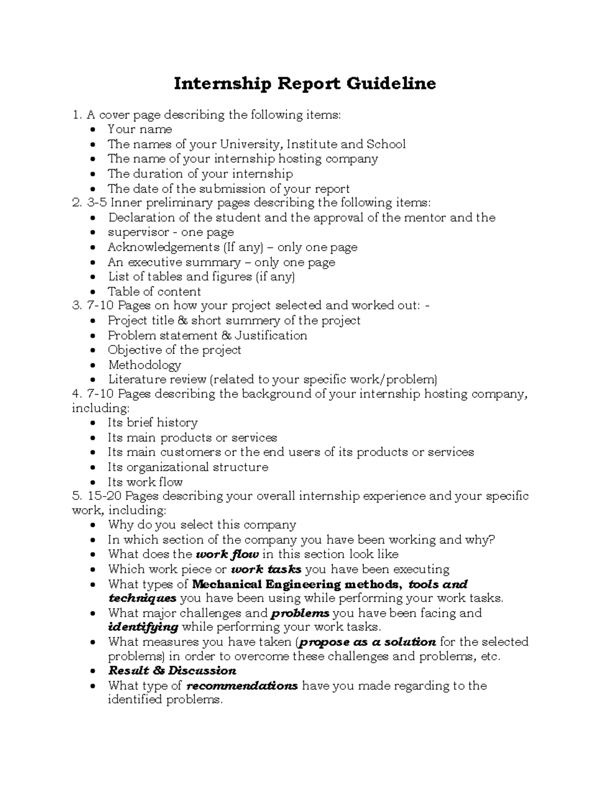 Internship Report Guidelines for ME 101: Structure & Content - Studocu