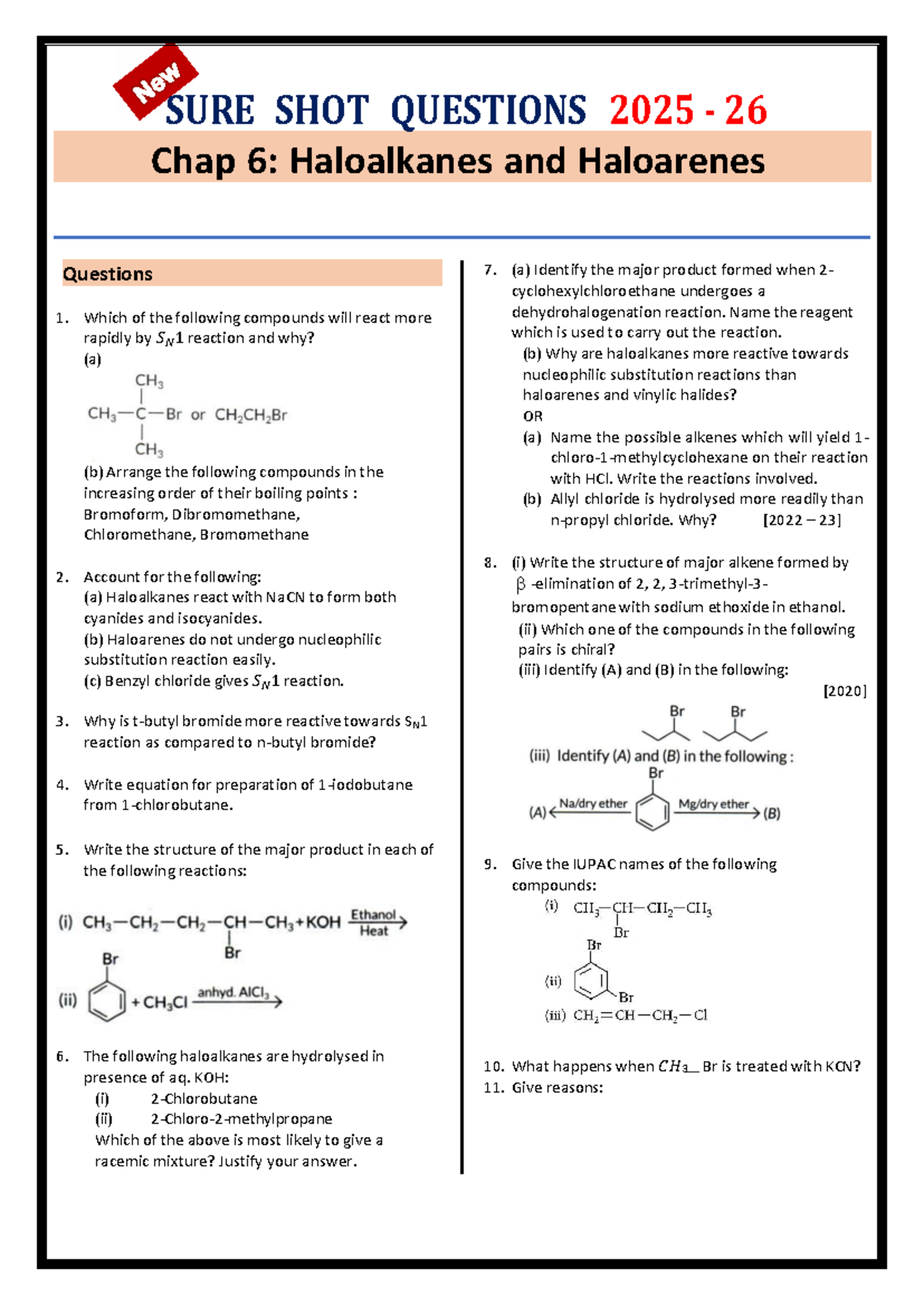 SURE SHOT QUESTIONS 2025-26: Chap 6 Haloalkanes & Haloarenes Practice ...