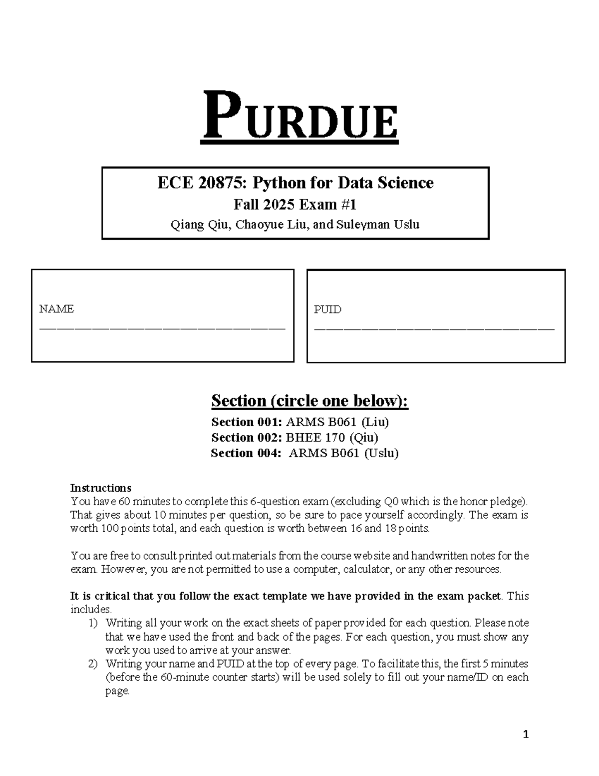 PURDUE ECE 20875: Fall 2025 Python for Data Science Exam Questions ...