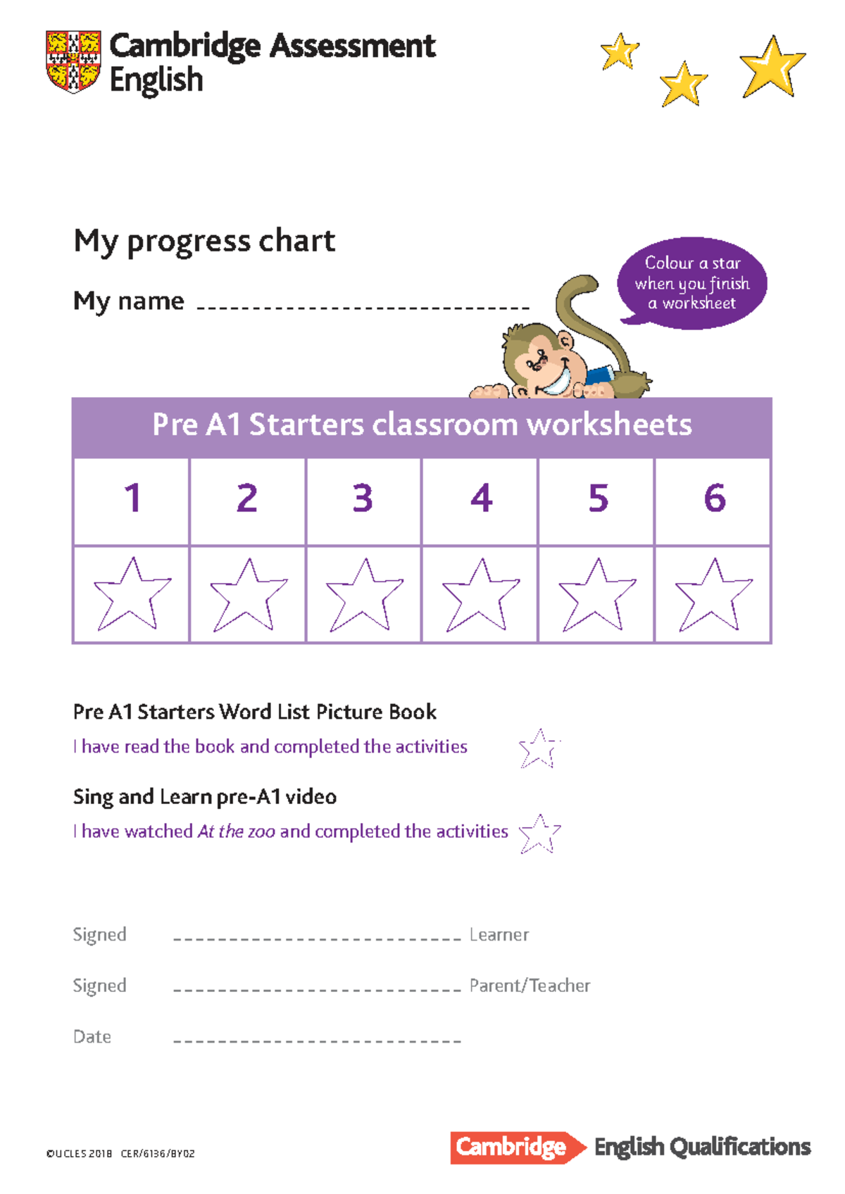 425844 starters individual progress chart - English - Pre A1 Starters ...