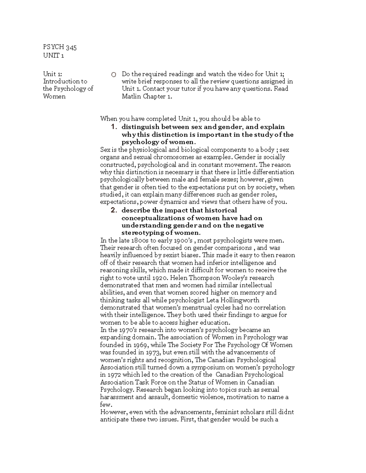 Psych 345 UNIT 1 - Lecture notes 1 - PSYCH 345 UNIT 1 Unit 1 ...