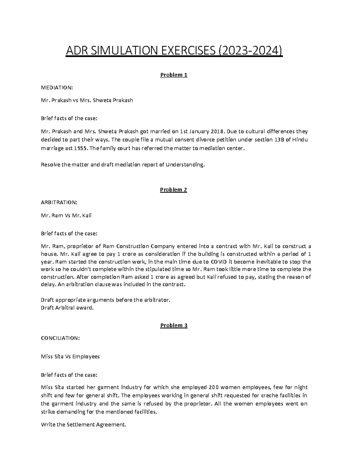 ADR simulation - ADR COURSE - ADR SIMULATION EXERCISES (2023-2024 ...