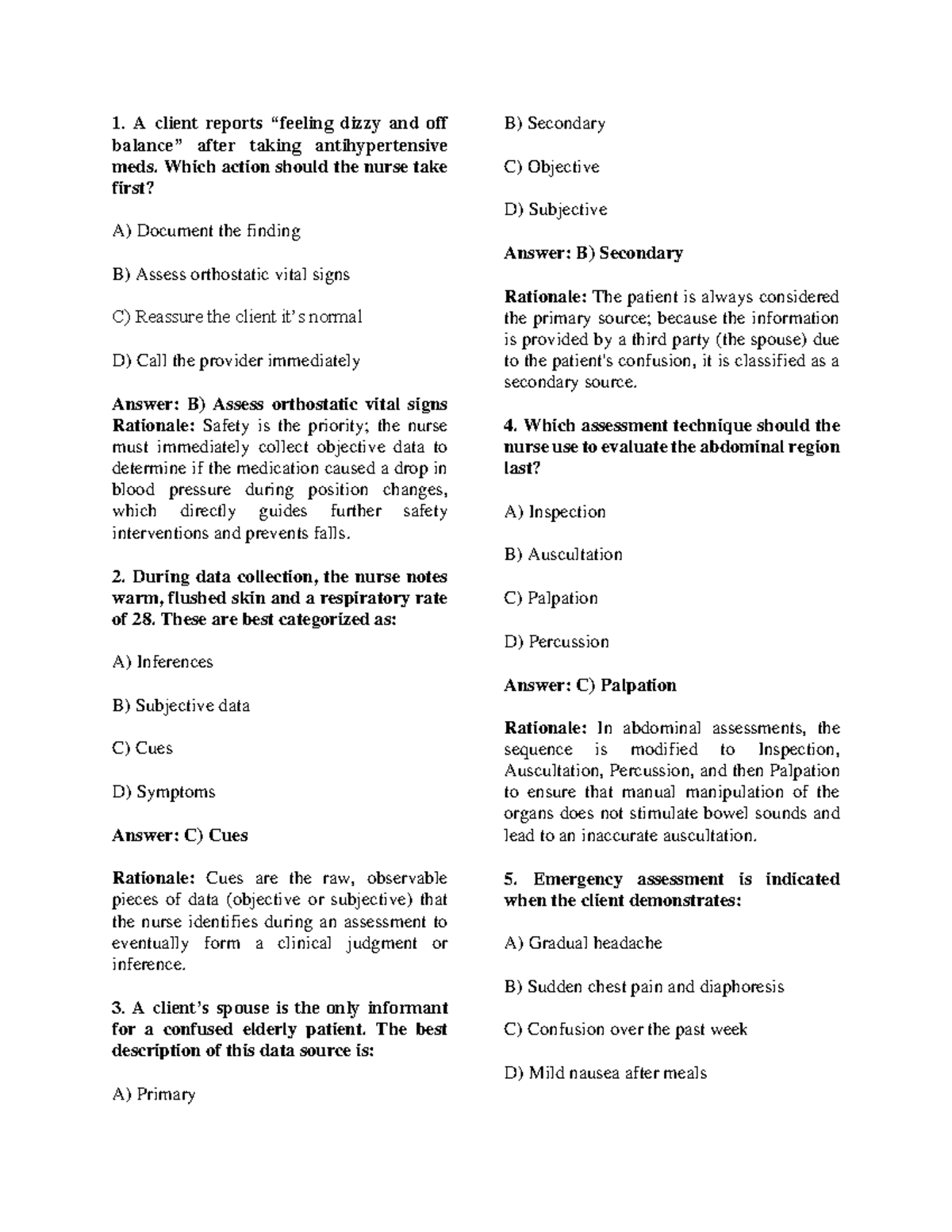 Nursing Assessment and Interventions: Long Quiz Review (NUR 101) - Studocu