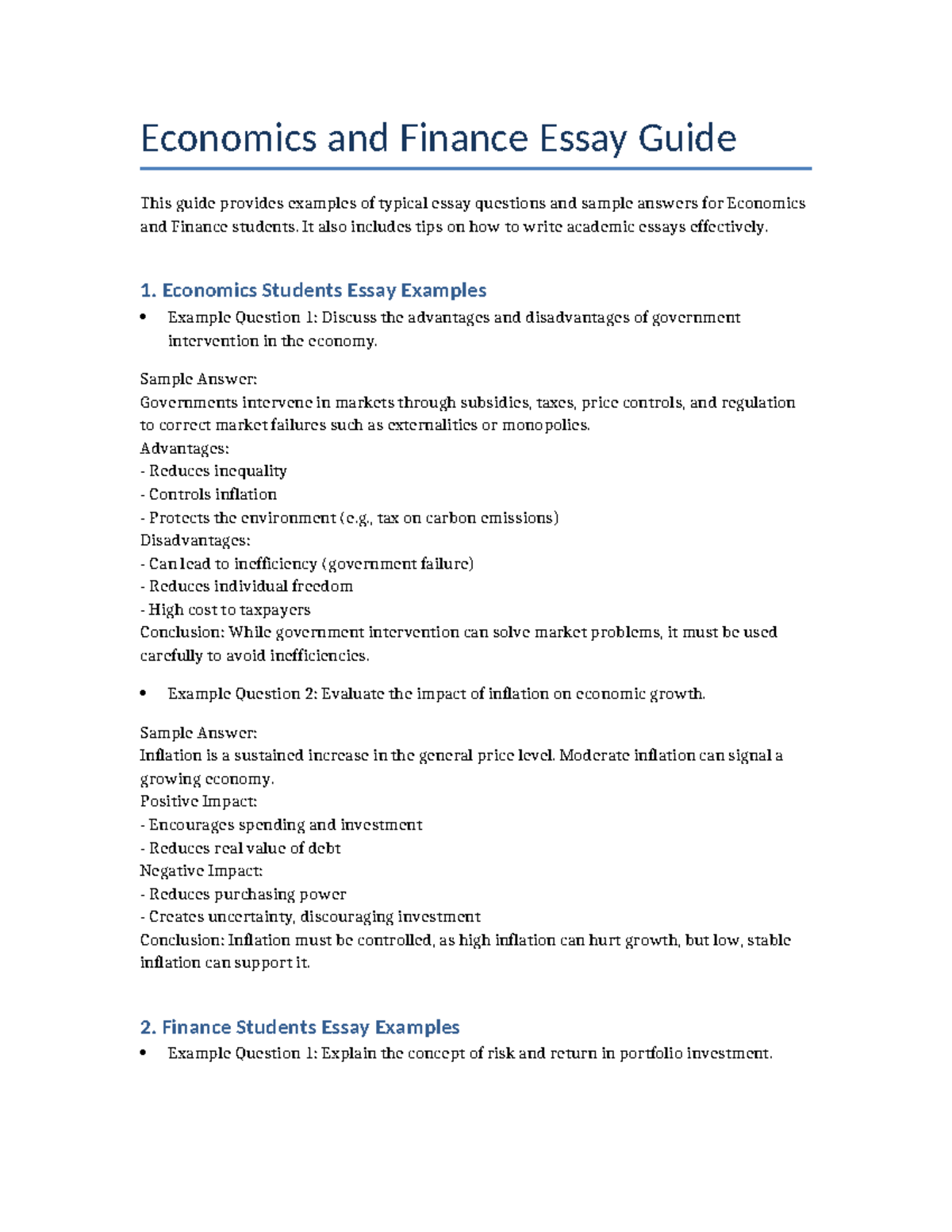 Economics and Finance Essay Guide: Tips & Sample Questions - Studocu