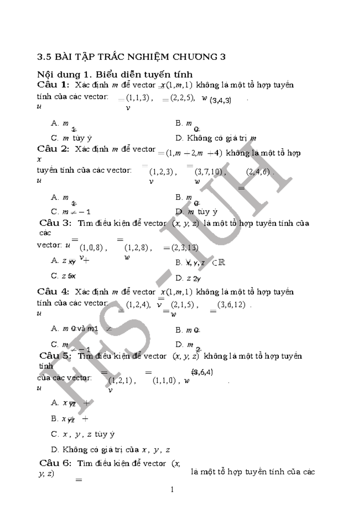 Tài Liệu Bài Tập TCC 2 - Trắc Nghiệm Chương 3 Về Tổ Hợp Tuyến Tính ...