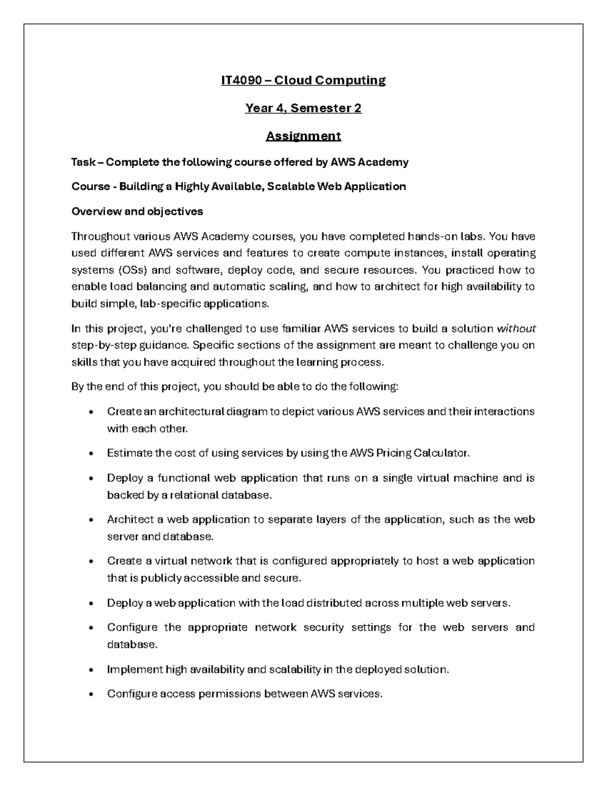 IT4090 - Cloud Computing Assignment: Building a Scalable Web App - Studocu