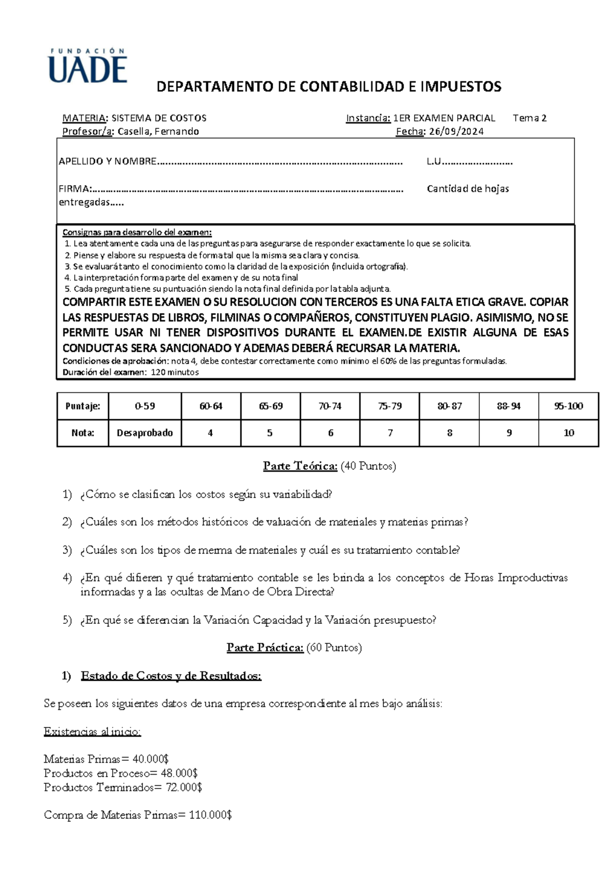 1er parcial - 2do Cuatrim 2024 Tema 2 Sistemas de Costos - DEPARTAMENTO ...