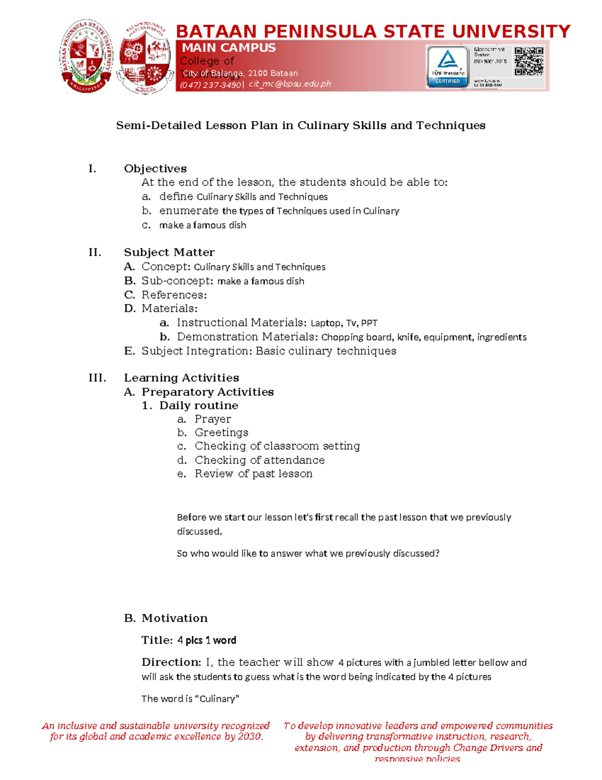 Semi-Detailed Lesson Plan in Culinary Skills (Culinary 101) - Studocu