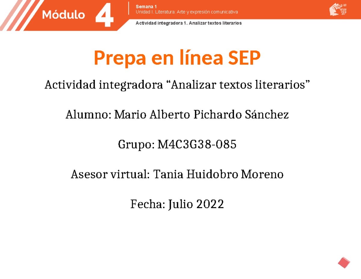 Análisis de Textos Literarios - Prepa en Línea SEP M4S1AI1 - Studocu