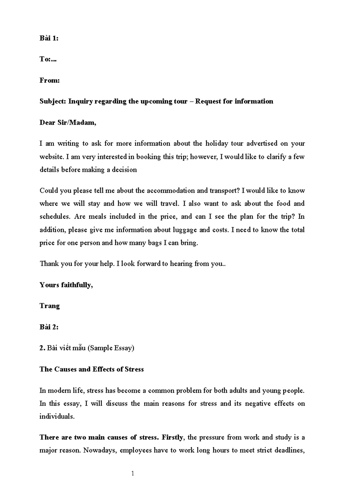 Writing E2 - GDGDHSJS: Inquiry on Tour Details and Stress Essay ...