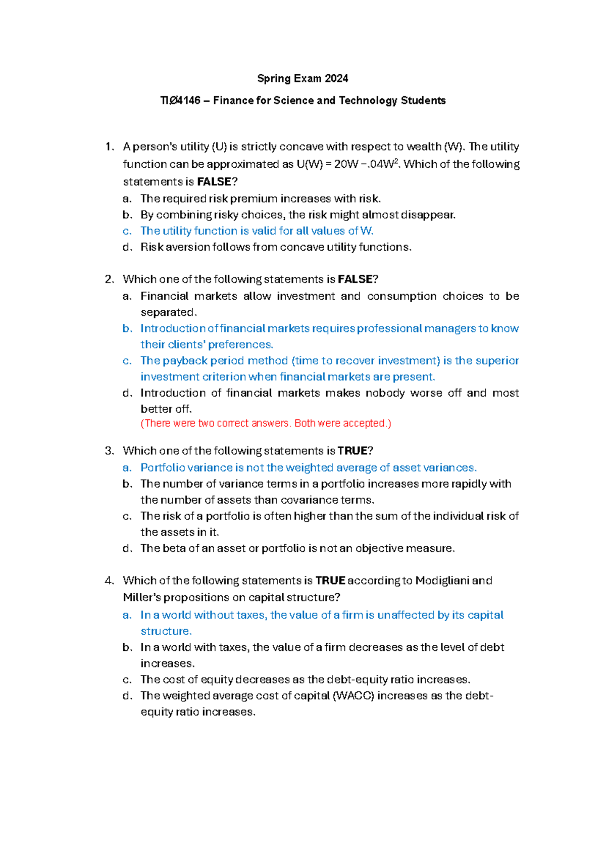 Spring Exam 2024 Solutions for TIØ4146 Finance Course - Studocu