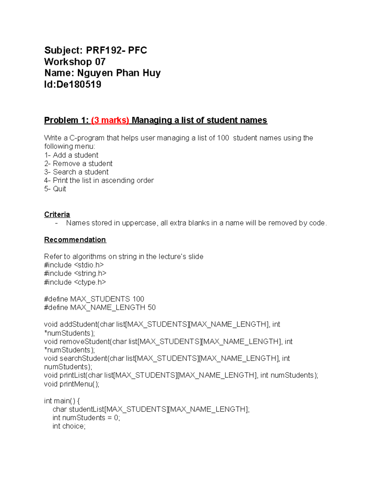 Final Exam Workshop - Problem Solving in C for PRF192-PFC - Studocu