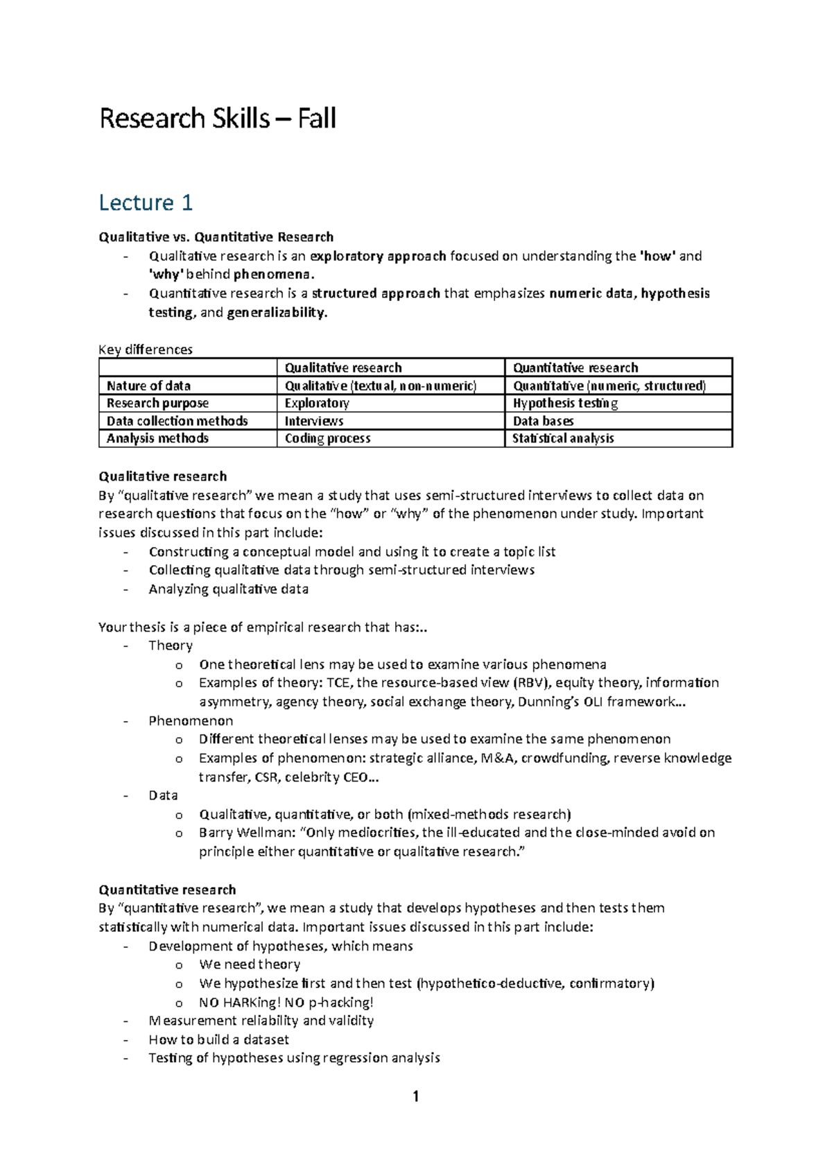 Research Skills Fall Lecture 1: Qualitative vs. Quantitative Methods ...